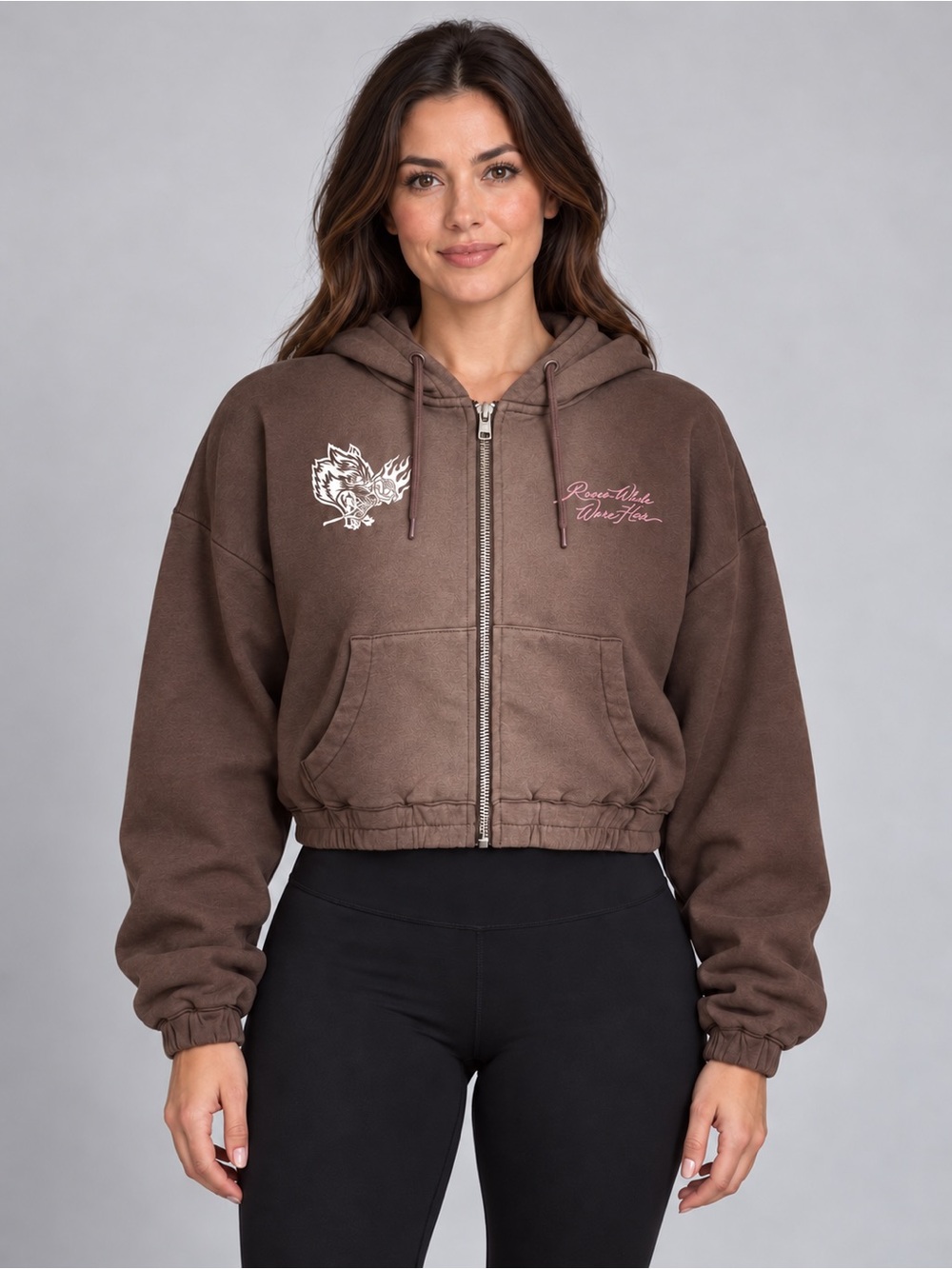 #1067 Darc Sport Roses While We’re Here Chambers Cropped Zip Hoodie Brown M NWT